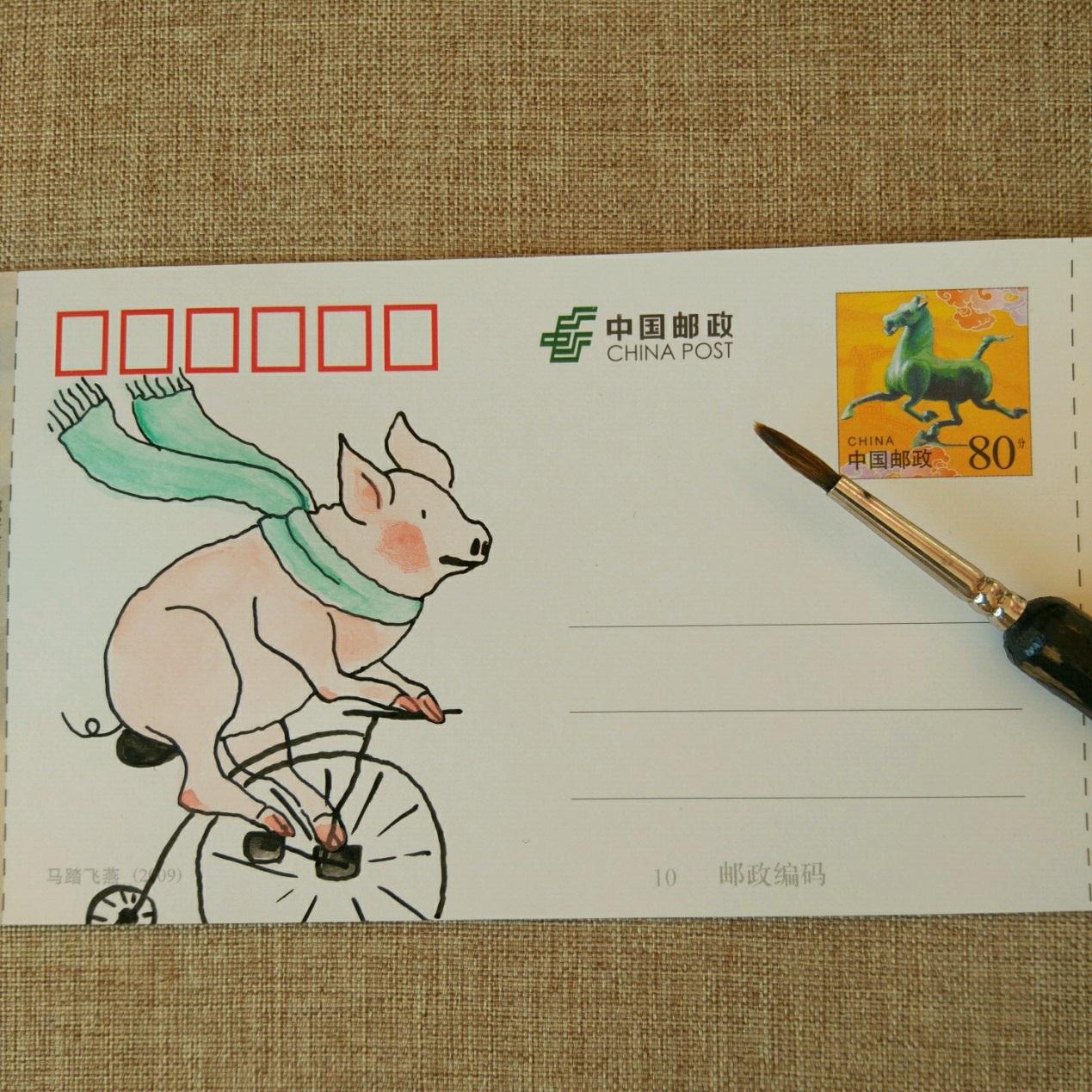 手工绘贺卡明信片手工制作方法，有趣的动物DIY手绘明信片可爱小猪漫画图案简单绘画方法