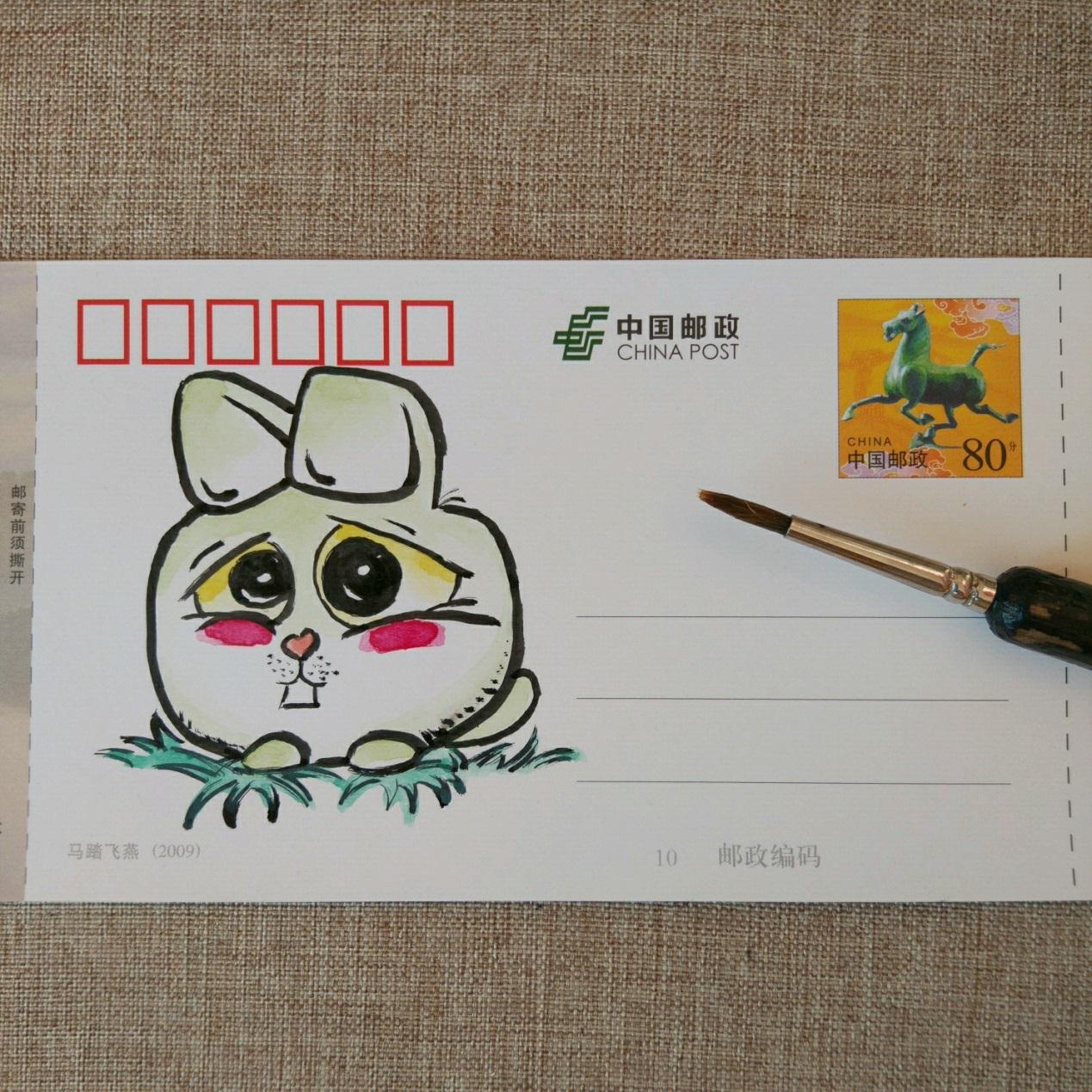 手工绘贺卡明信片手工制作方法，有趣的动物DIY手绘明信片小兔子漫画图案简单绘画方法