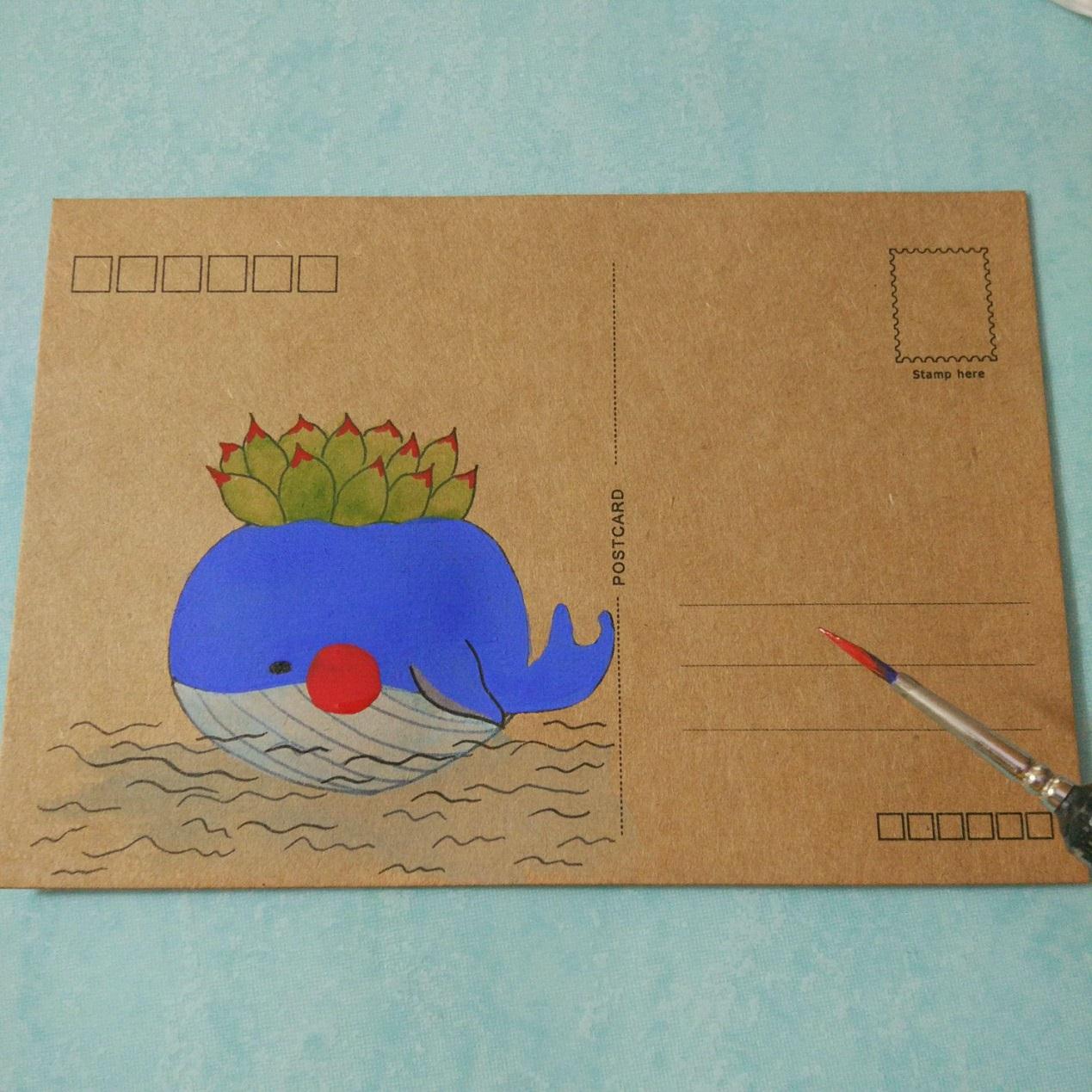 手工绘贺卡明信片手工制作方法，有趣的动物DIY手绘明信片可爱的鲸鱼手绘画图案简单绘画方法