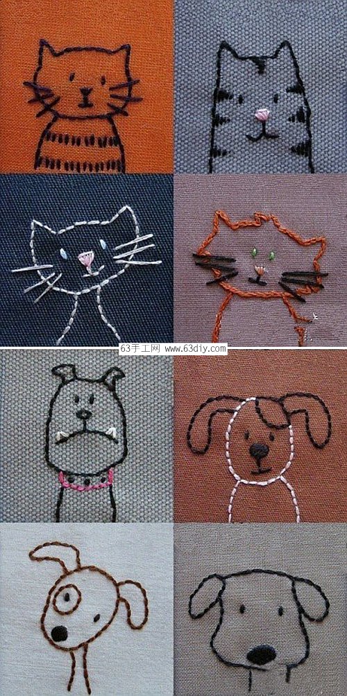 一组可爱的小动物刺绣简笔画