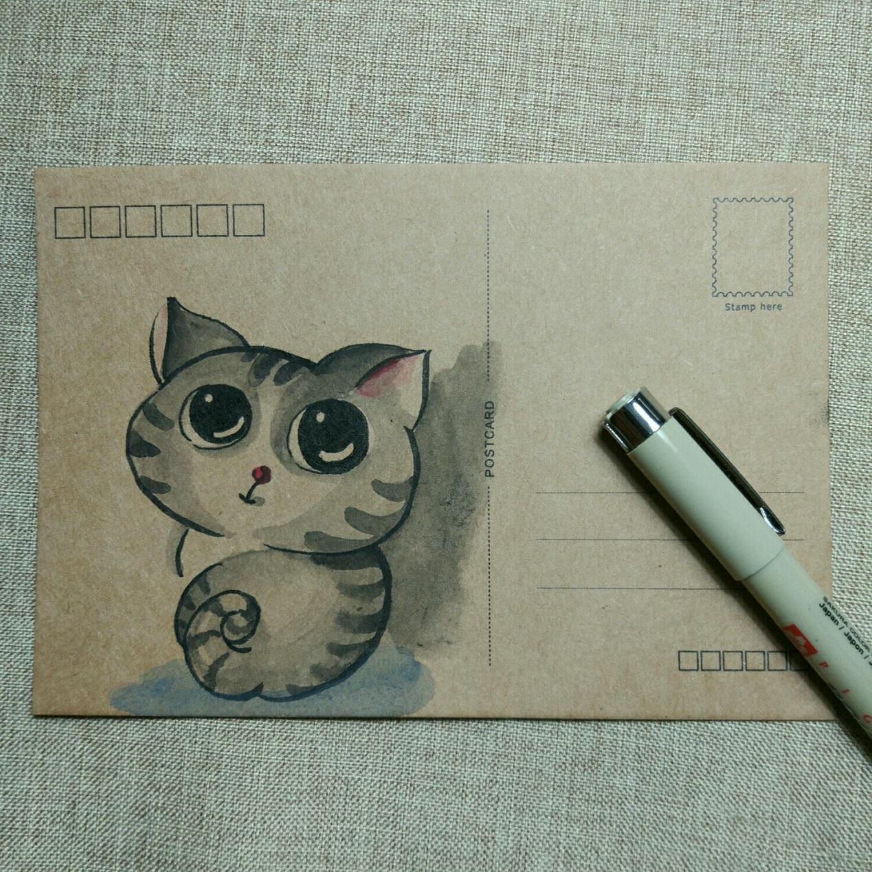 手工绘贺卡明信片手工制作方法有趣的动物diy手绘明信片呆萌的小猫